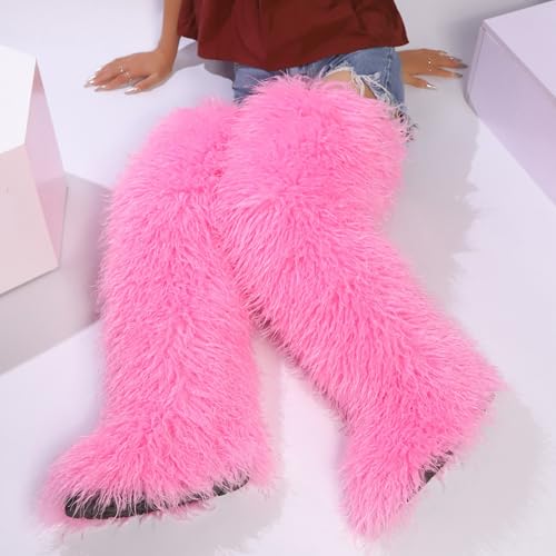 Image of Black Thigh High Fur Boots, Over the Knee Fluffy High Boots, Tall Furry shoes for Women