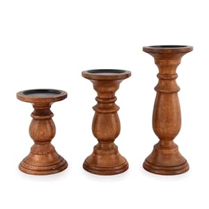EDHAS Natural Round Turned Candle Holders for Pillar Candles Set of 3 Vintage Style Mango Wood Candle Holder for Centerpiece for Dining, Living Room EDHAS Natural Round Turned Candle Holders for Pillar Candles Set of 3 Vintage Style Mango Wood Candle Holder for Centerpiece for Dining Living Room