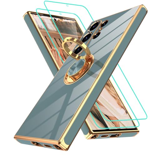 Coque Samsung S24 Ultra grise au design raffiné avec bord doré et béquille intégrée