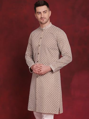 Image of Jompers Men's Silk Blend Regular Fit Sequin Chikankari Front Open Kurtas