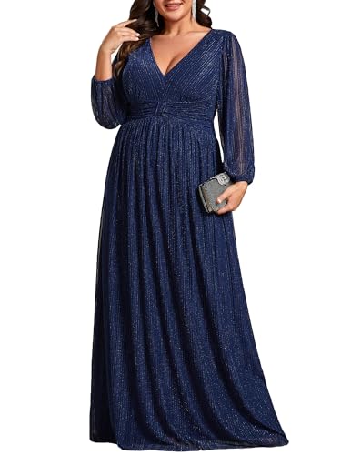 Ever-Pretty Women's Glitter Long Sleeves V Neck Pleated Empire Waist Floor Length Plus Size Formal Dresses Evening Gowns