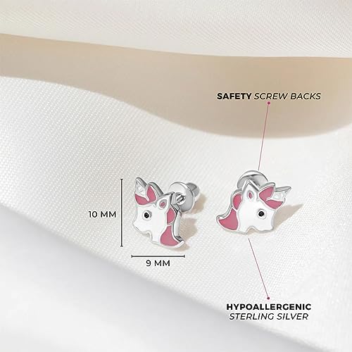 925 Sterling Silver Majestic Pink and White Enamel Unicorn Safety Screw Back Earrings for Little Girls & Preteens - Vibrant Pink Unicorn For Girls Dress Up Games - Casual Enamel Girl Earrings4