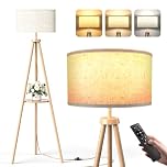 Tripod Floor Lamp with Storage Shelves - 12W Solid Wooden Standing Lamp with E27 Bulb & Remote Control, Corner Lights for Living Room, Bedroom (Light Brown)