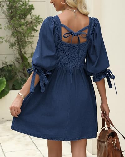 Denim Dress for Women Square Neck Jean Dress Puff Sleeve Babydoll Casual Denim Romper Outfit with Pockets2