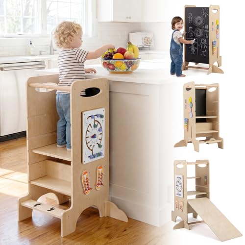 Image of Costzon Toddler Step Stool, 3-Level Adjustable Height Wooden Kids Standing Tower w /Detachable Chalkboard, Montessori Games, Slide, Safety Rails, Highchair for Aged 3+ Boys, Girls (Light Wood)