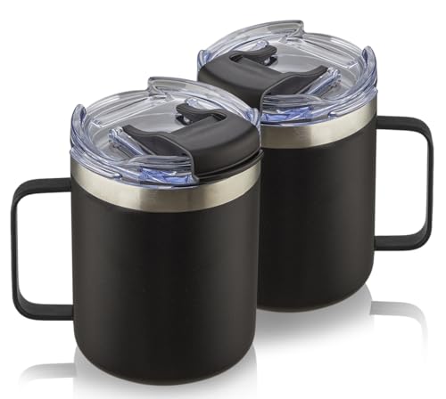 Image of 12oz Stainless Steel Insulated Coffee Mug with Handle, Double Wall Vacuum Tumbler Cup with Fliping Lid, Black, 2 Pack