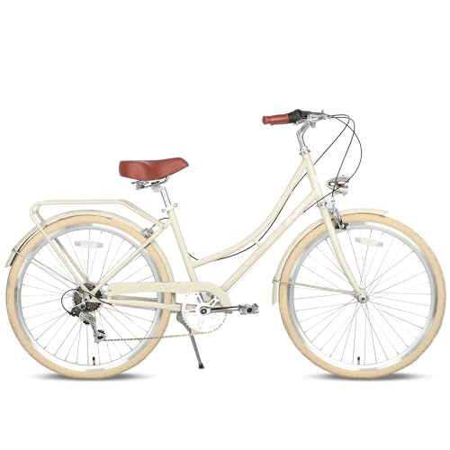 AVASTA Hybrid Bike for Women Female Lightweight Step Through 26 inch Hi-Ten Steel Frame City Commuter Comfort Lady Bicycle, 6-Speed, Color Beige with Beige Tires
