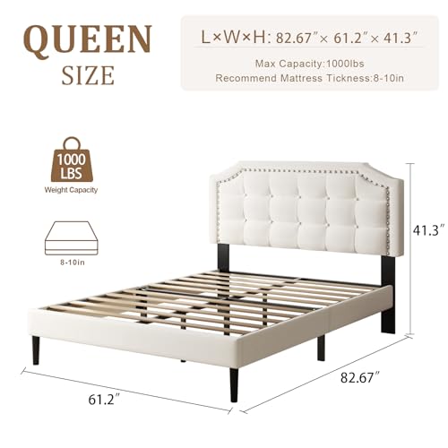 Queen Size Bed Frame, Queen Size Platform Bed Frame with Upholstered Button Tufted Headboard, Strong Wood Slats, No Box Spring Needed, Mattress Foundation, Easy Assembly Beige - Image 3