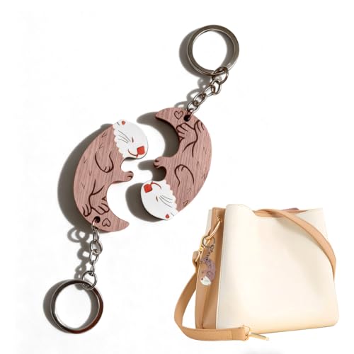 YUVKIN 1 Paire de Porte-Clés en Bois Loutre, Porte-Clé Couple Mignon pour Amis et Couples, Accessoire de Sac ou de Clés, Idée Cadeau
