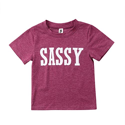 Toddler Infant Baby Girl Sassy Short Sleeve Letter Cotton T Shirts Tops Clothes (Dark Red, 2-3T)