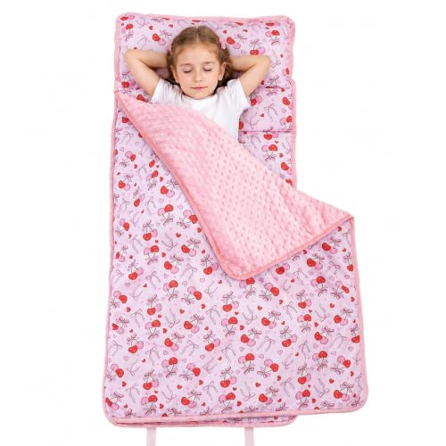 Image of Viviland Toddler Nap Mat with Pillow and Minky Dot Blanket, Cherry Bows