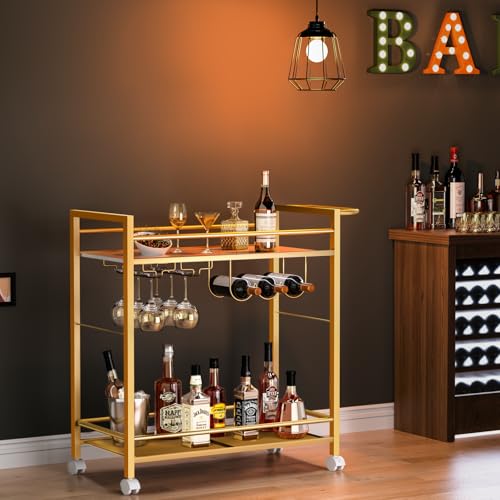 Image of Joaxswe Bar Cart w /Wheels,Home Bar Serving Cart w /Storage Shelves,Gold | 2 Tier Rolling Beverage Cart,Modern Wine Cart w / Wine Rack and Glass Holder for Kitchen, Living Room,Dinning Room