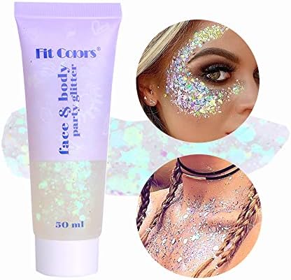 Yeweian White Face Body Glitter Gel, Liquid Holographic Chunky Glitter Singer Concerts Music Festival Rave Accessories, Mermaid Lip Eye Nails Hair Body Glitter Makeup, 50g (06 White)