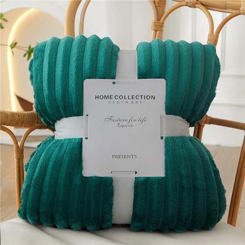 Chickwin Solid Color Flannel Fleece Throw Blanket, Stripes Jacquard Fluffy Blankets Microfiber Throw Blanket Warm Thick Soft Comfortable Sofa Throws Winter Blanket for Bed (180x200cm,Dark Green)