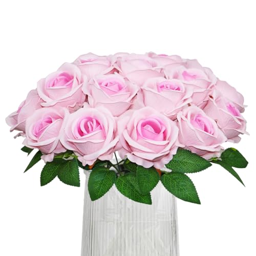 Olrla 20 rosas artificiales de terciopelo rojo, cabeza de rosas para ramos de flores para el día de San Valentín, decoración del hogar y la oficina (rosa)