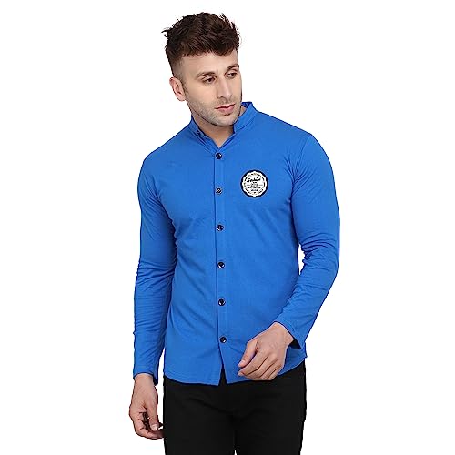 Image of Geum Men's Mandarin Collar Shirt | Slim Fit Full Sleeve Casual Shirt with Printed Chest Logo | Soft Cotton Blend Stylish Button Down for Party, Office