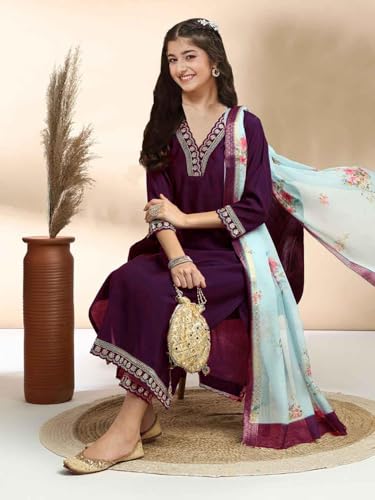 Image of Girls A-line Silk Embroidered Kurta and Pant Set with Dupatta for festive wedding and casual wear