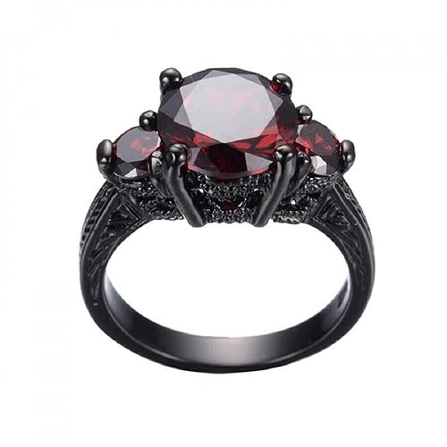 Round Cut Red Garnet 925 Sterling Silver Diamond 3-Stone Engagement Ring for Women's in 14K Black Gold Over2