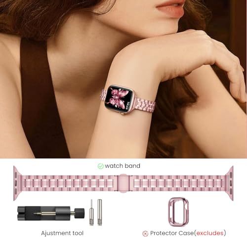 Image of STIROLL Thin Replacement Band Compatible for Apple Watch 49mm 46mm 45mm 44mm 42mm(Series 3 2 1), Stainless Steel Metal Wristband Women Men for iWatch Ultra SE Series 11 10 9 8 7 6 5 4, Rose Pink