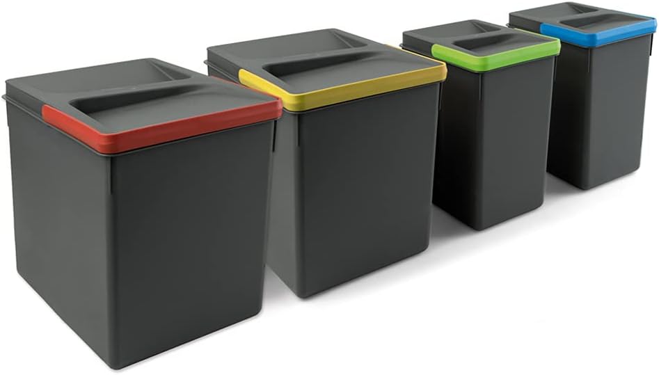 Emuca - Recycle Containers for kitchen drawers, Height 266mm (10,47 inch), 2x15L + 2x7L, Anthracite grey plastic, Plastic