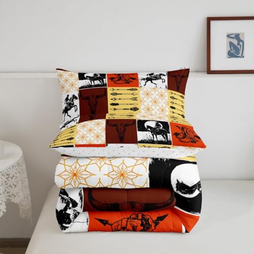 Image of Feelyou Boys Western Bull Skull Bedding Set Kids Teens Boho Cow Longhorn Skullhead Comforter Set Queen Size Bohemian Cowboy Duvet Insert Southwest Country Ranch Room Decor