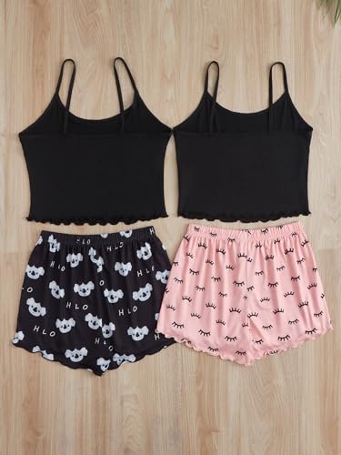 WDIRARA Women's 4 Pieces Cartoon Print Sleepwear Lettuce Trim Cami Top and Shorts Pajama Set2
