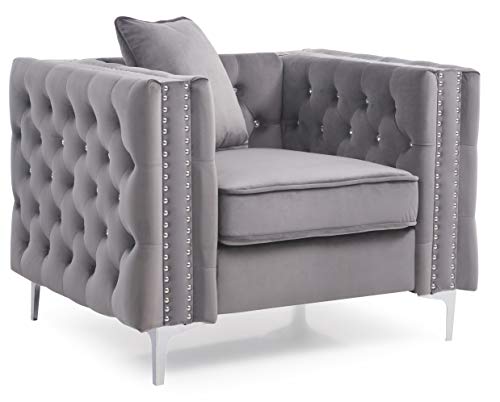 Sillón Terciopelo Gris Tufted Diseño Diamante miniatura 1