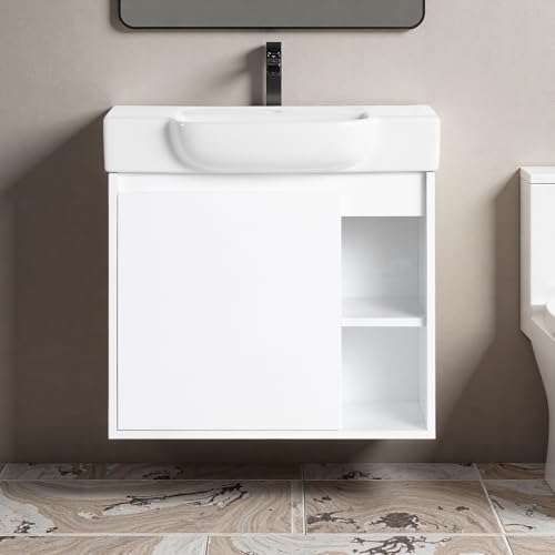 Image of 24 inch Bathroom Vanity with Ceramic Sink, Modern Wall-Mounted Bathroom Vanity with Soft-Close Door & 2 Open Storage Shelves, Farmhouse, Undermount Storage Cabinet, Easy to Clean, Glossy White