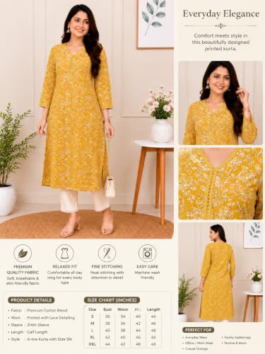 Image of Women's Cotton Floral Printed V-Neck A-Line Kurta /Regular Fit Kurti-3 /4 Sleeve