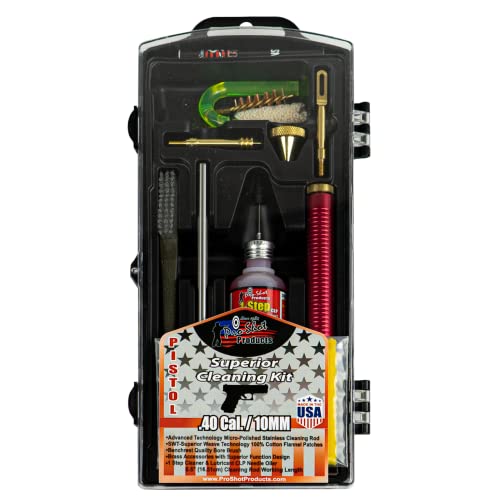 Pro-Shot .40 Cal / 10mm Pistol Cleaning Kit – Compact Handgun Cleaning Set with 6.5" Rod, Brass Jags, Bore Brush, Cotton Mop, Patches, CLP & Pro-Gold Grease – Made in USA
