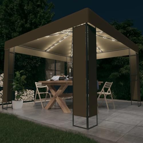 Cenador Doble Techo y Tira luz LED, LAPOOH Cenadores para Jardin, Pergolas De Jardin, Carpas De Jardin, Carpas para Exteriores, Carpa Jardin Exterior, Gris Taupe 3x3x2,7m 180 g/m²