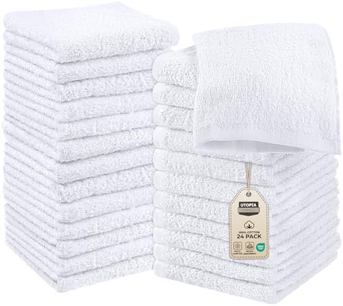 Utopia Towels 24 Pack Cotton Washcloths Set, 100% Ring Spun Cotton, Premium Quality Flannel Face Cloths, Highly Absorbent and Soft Feel Fingertip Towels, White