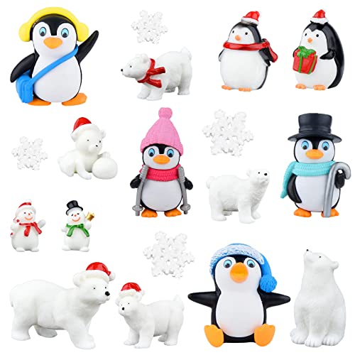PLULON Lot de 18 Figurines de Noël Miniatures : Pingouin, Bonhomme de Neige, Ours Polaire avec Flocons de Neige, Mini Animaux d'hiver, décorations pour fête de Noël, Maison, Jardin, gâteaux