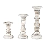 “Jharana II” Candle Holders for Pillar Candles (Distressed White, Set of 3) - Mangowood Candle Stand - Farmhouse Wooden Candle Holders Pillar - Candle Holder Decor for Table Centerpiece - 6”, 9”, 12”