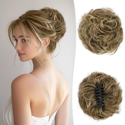 RUWISS Large Messy Bun Hair Piece with Claw Clip Real Human Hair Bun Wavy Curly Chignon Hair Bun Extensions Tousled Updo Hair Pieces for Women Claw Clip Ponytail, Brown Mixed Light Blond Cover