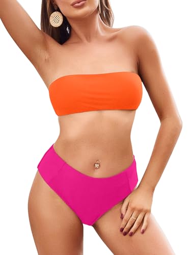 Image of ZAFUL Women's High Cut Bandeau Bikini Set Strapless Solid Color 2 Pieces Bathing Suit Swimsuit