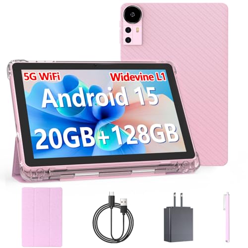 Android 15 Tablet 10 inch Tablets, 20GB RAM 128GB ROM 2TB Expand, 2.0Ghz CPU Quad-Core Processor Tablet PC with Case and Stylus, 5G WiFi6, BT5.0, 6000mAh Battery, Dual Camera, Widevine L1, GMS, Pink