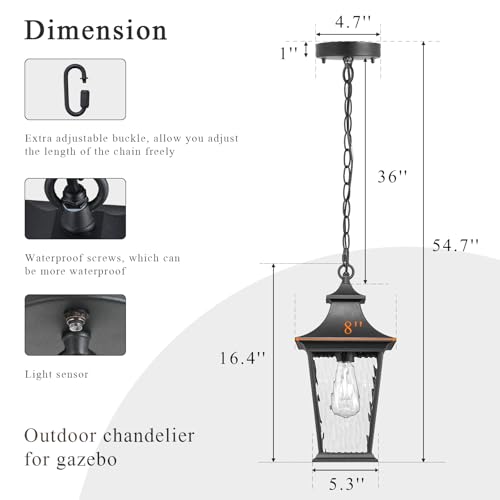 Image of 16.4 Inch Black Hanging Porch Lights Outdoor Waterproof Aluminum Outdoor Pendant Light Dusk to Dawn Exterior Hanging Light Fixture for Gazebo E26 Socket