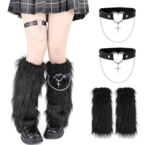 scenicamp Women Faux Fur Fuzzy Leg Warmers with Faux Leather Chain Furry Boot Covers Boot Sleeves Leg Accessories for Party Costume (Black)