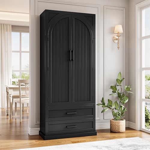 Image of iPormis 71 inch Tall Kitchen Pantry Storage Cabinet w /Adjustable Shelf, Large Drawers & Door Shelves, Freestanding Kitchen Cupboard for Dining Room /Living Room, Classic Black