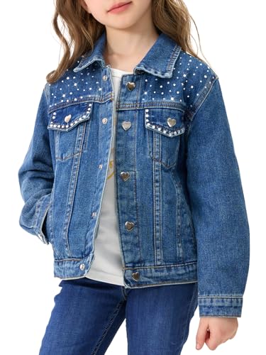 Miipat Girls Denim Jacket Toddler Sparkle Rhinestones Jean Jackets for Little Kids Outerwear Button Down Jeans Coat with Pockets(Jeansblue,7-8Years)