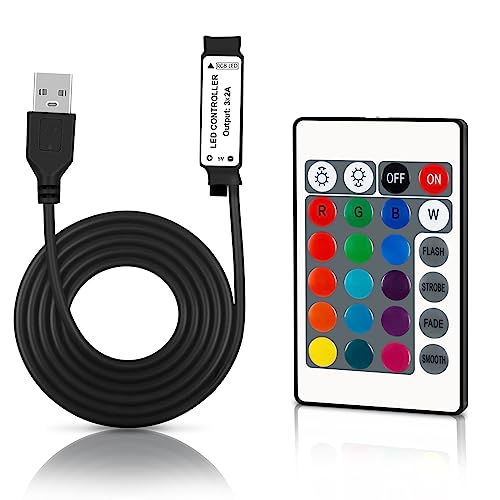 VIPMOON 24-Key IR Wireless Remote LED Controller with 4 Pin USB IR Receiver, DC 5V 6A LED Strip Light Controller, Compatible with SMD RGB 5050 3528 5630 LED Strip Lights