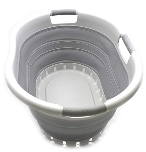 Image of SAMMART Collapsible Plastic Laundry Basket - Foldable Pop Up Storage Container /Organizer - Space Saving Hamper /Basket (3 Handled Oval, Grey /Grey)