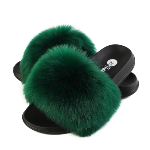 Image of Women's Faux Fur Slides, Open Toe Cute Fur Slippers, Indoor or Outdoor Comfortable Furry Slide Sandals With Fluffy Fur