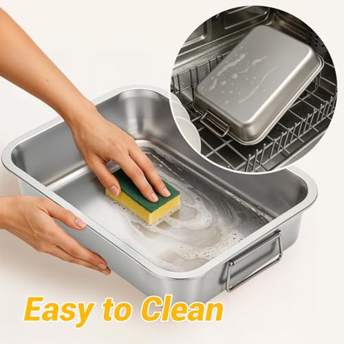 Tifanso Stainless Steel Roasting Pan - Heavy Duty Turkey Roasting Baking Broiler Pan with Rack and Handle for Oven, High Sided Easy to Clean Induction Roast Tray for Chicken, Vegetable, Lasagna
