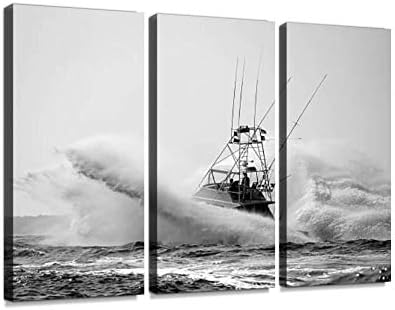 blaverr 3 Panel Wall Art Modern Artworks for Home Decor Canvas Prints Sport Fishing Boat Crashing Through Waves Windy Ocean Stock Pictures Pictures for Living Room Bedroom Decoration, Ready to Hang