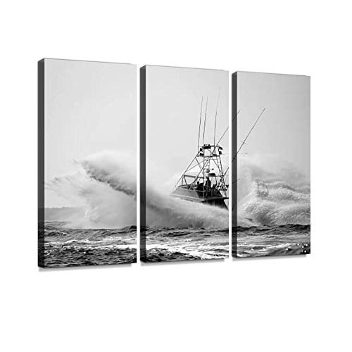 Blaverr 3 Panel Wall Art Modern Artworks For Home Decor Canvas Prints Sport Fishing Boat Crashing Through Waves Windy Ocean Stock Pictures Pictures For Living Room Bedroom Decoration, Ready To Hang #TOP2