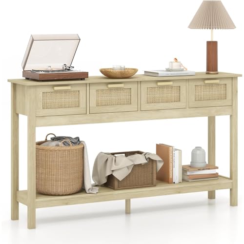 LAZZO Rattan Console Table 55\" Narrow Long Entryway Mid Century Modern Table Behind Sofa Couch with 4 Drawers and Open Storage Shelf for Living Room,Hallway and Foyer Natural Wood