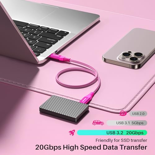 Image of ZeroneTeck USBC to USBC Monitor Cable [3FT-2 Pack], USB 3.2 Gen 2x2 Cable, 4K UHD Video Output, 20Gbps High-Speed Data, 100W Fast Charging for iPhone 17,MacBook,Dell, Lenovo,KYY,ARZOPA, Pink