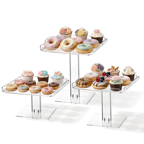 Lyksgir 3 Tiered Serving Tray Set for Entertaining, 9" Square Acrylic Cupcake Buffet Dessert Risers Stands, Clear Cupcake Stand, Dessert Table Display Set for Wedding Birthday Party by Lyksgir - Used condition - US$27.44